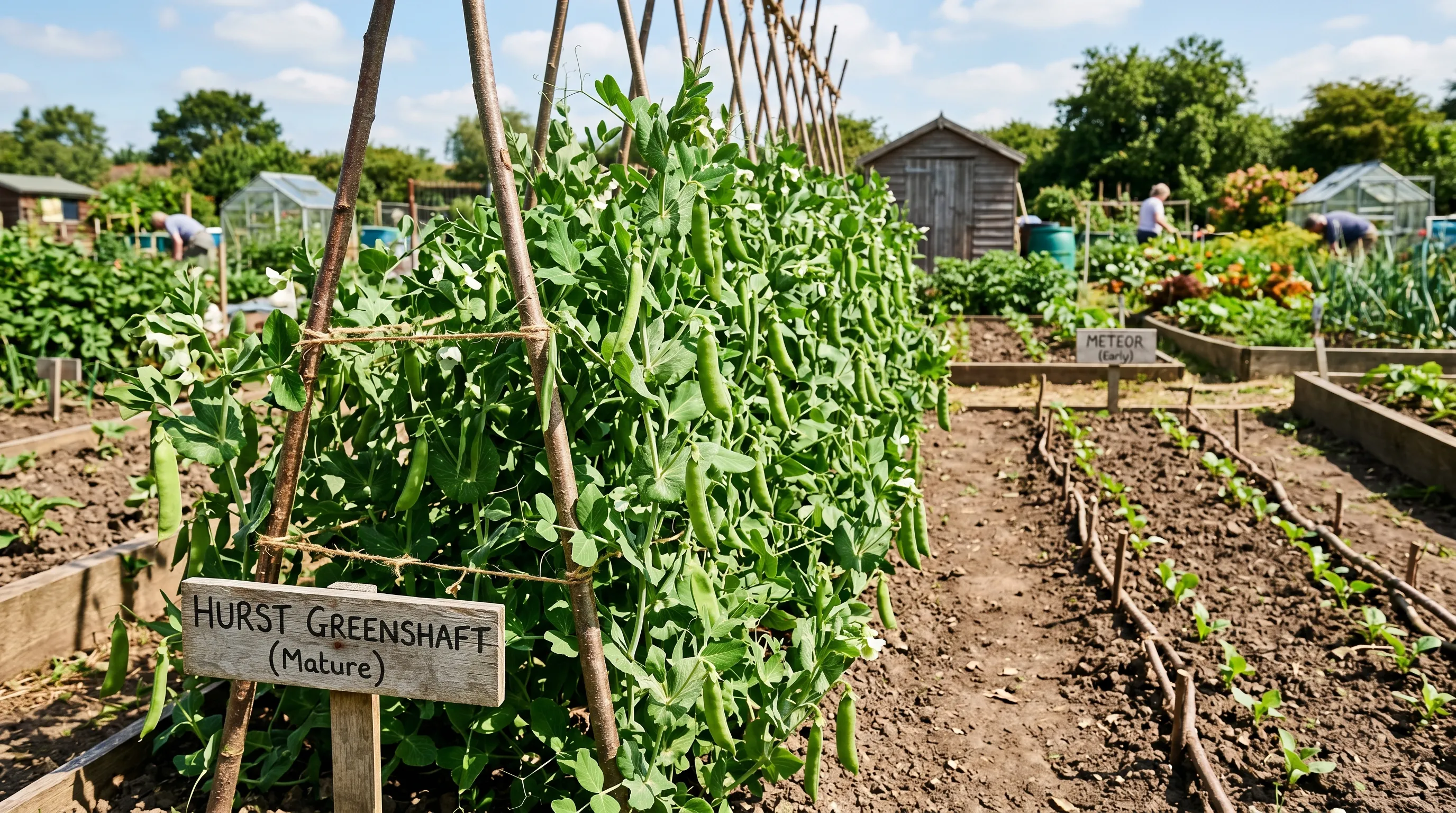 Two beds of peas at different growth stages on a UK allotment with the early bed in pod fill and the late bed just emerging from the soil with name labels visible
