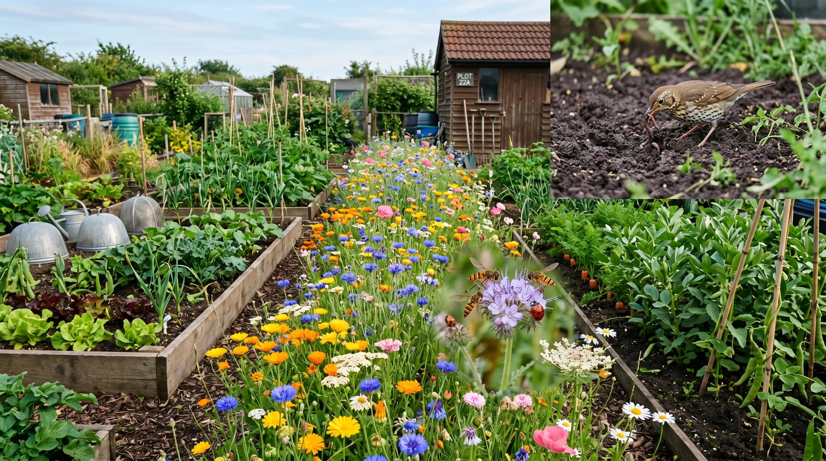 A UK allotment with a wildflower strip running between vegetable beds with marigolds yarrow and phacelia in flower attracting hoverflies and ladybirds with a song thrush in the background pulling worms