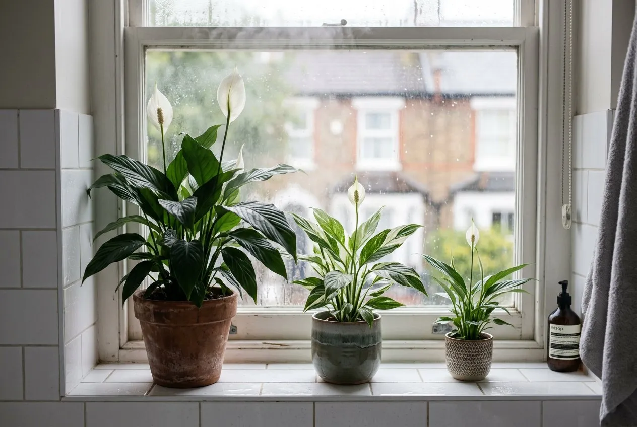 Three peace lily plants grouped on a bathroom windowsill in a UK flat with visible steam and bright indirect light