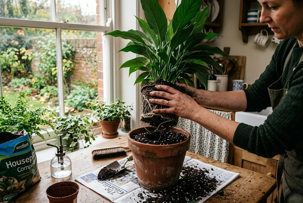Peace lily being repotted with hands holding the root ball over a terracotta pot with fresh compost on a UK kitchen table