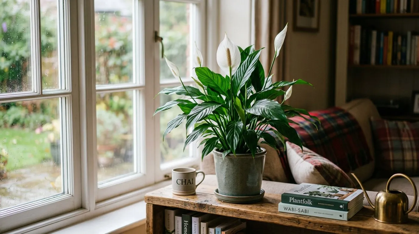 Healthy peace lily with white spathes on a shelf near a north-facing window in a UK living room