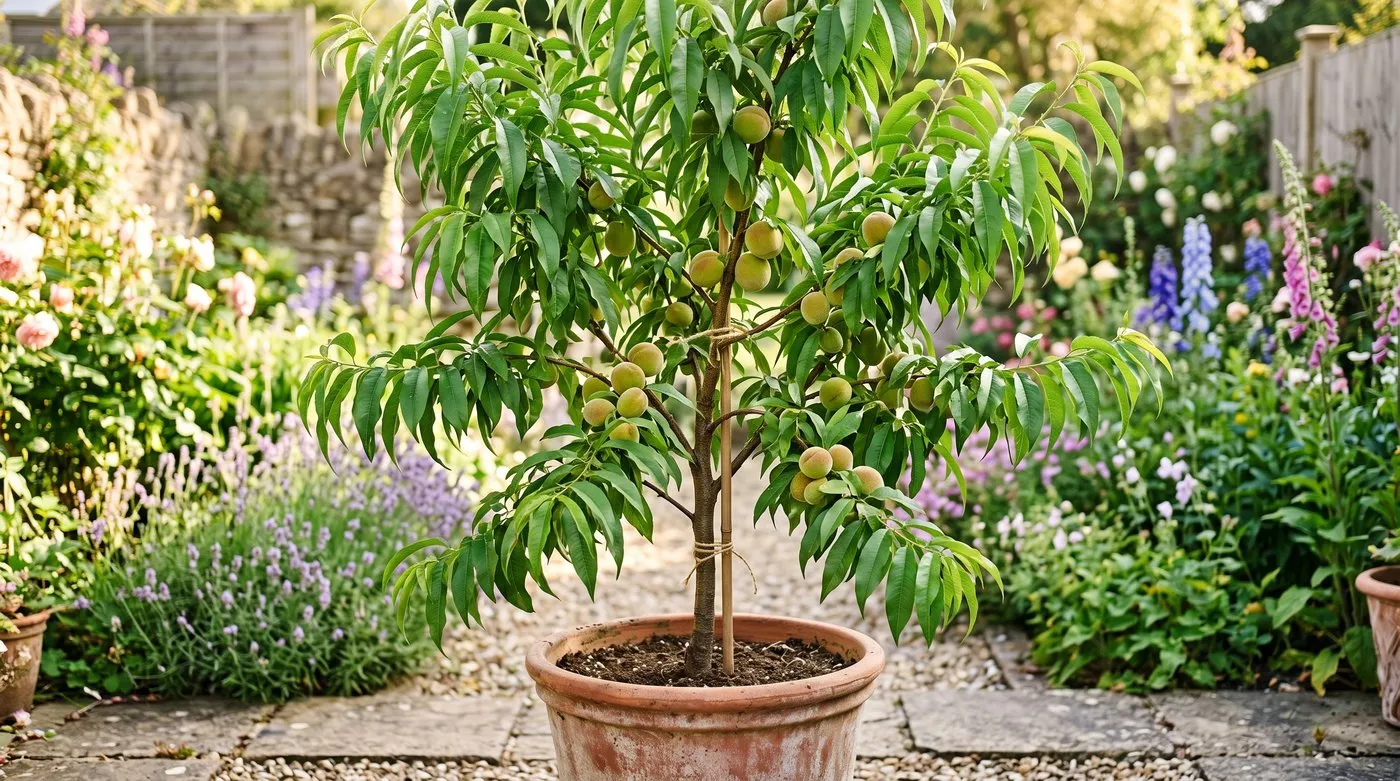 A healthy Avalon Pride peach in a large container with clean flat green leaves standing in an open UK garden