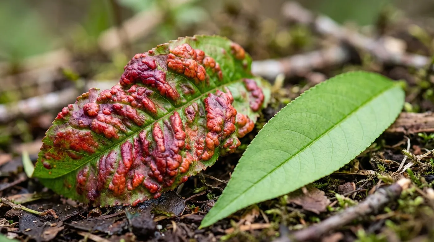 Close up of a peach leaf thickened, blistered and coloured red and purple by peach leaf curl beside a healthy flat green leaf