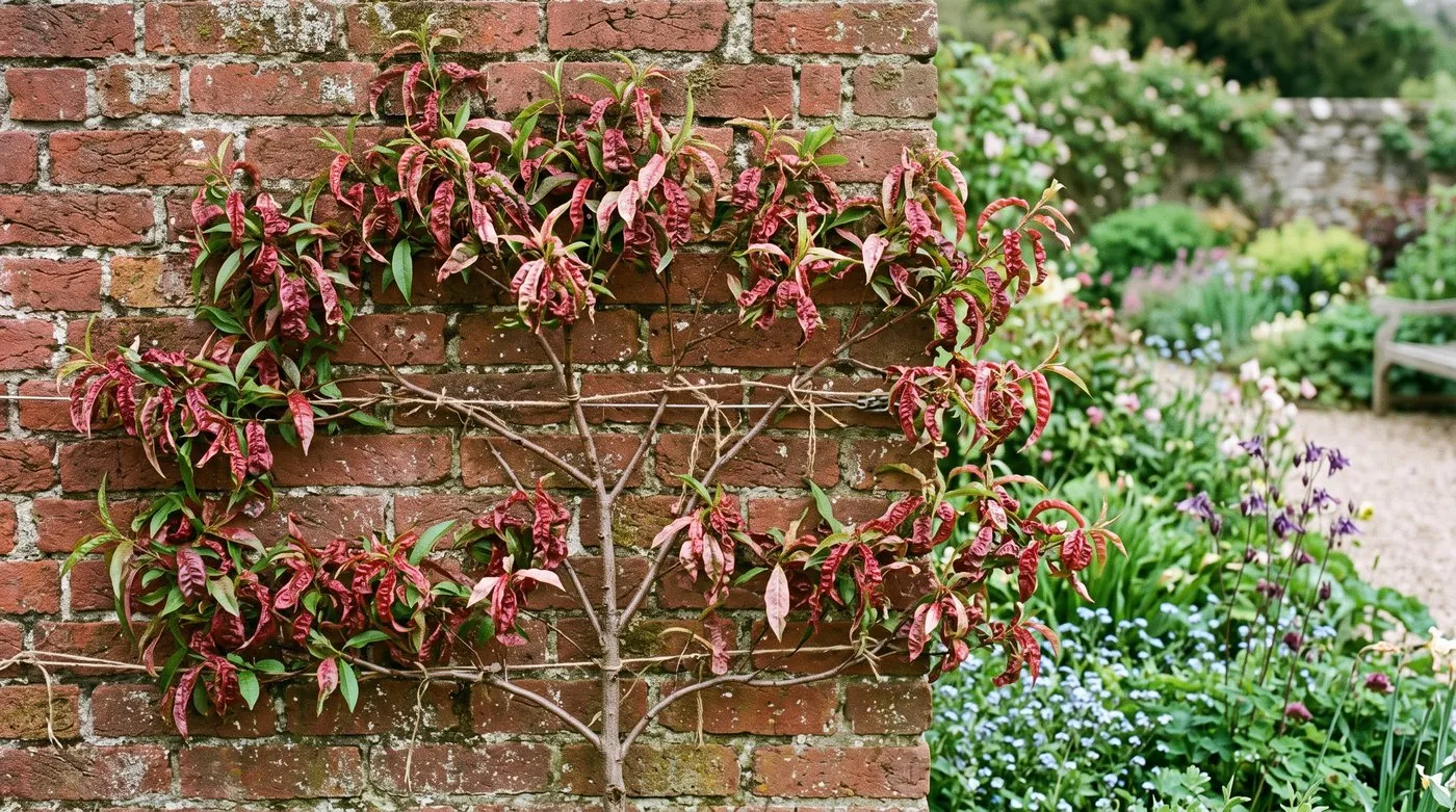 Fan-trained peach against a brick wall showing red blistered curled leaves from peach leaf curl in spring