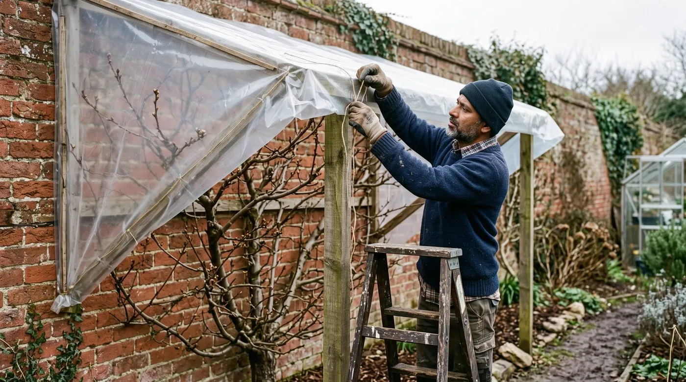 A gardener fixing a clear polythene lean-to shelter over a fan-trained peach on a brick wall in late winter