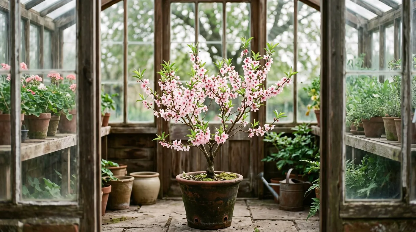 A potted peach tree in blossom standing inside an unheated greenhouse with clean healthy foliage