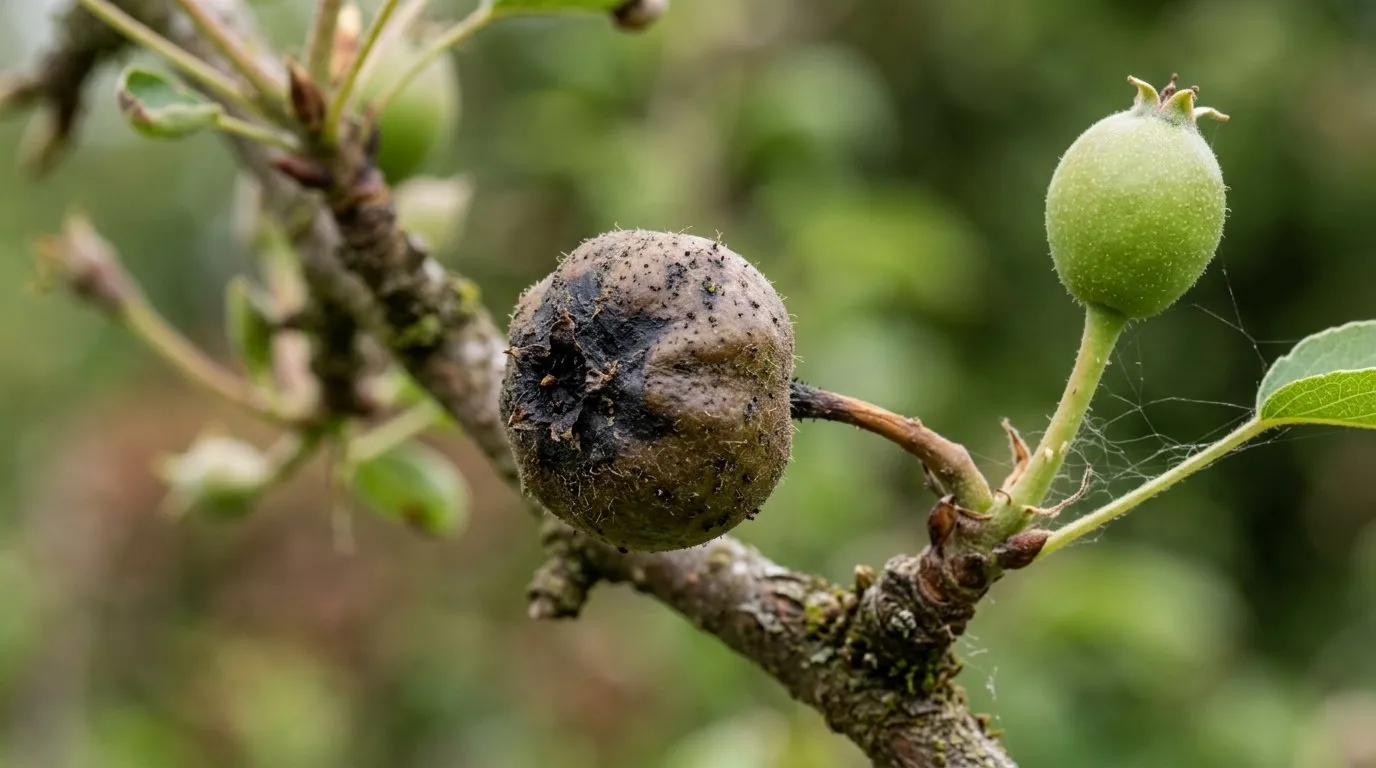 Macro close-up of a blackened, swollen pear fruitlet distorted by pear midge on a Kent orchard branch