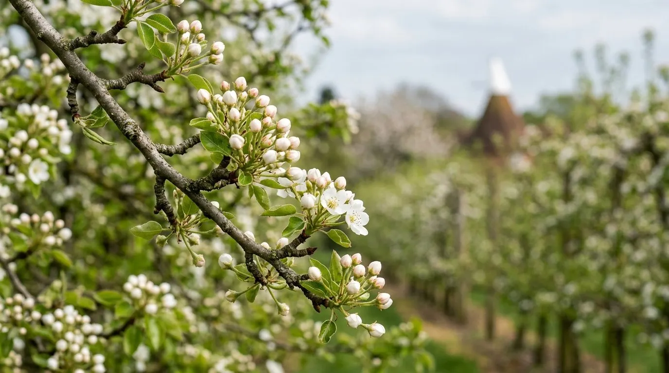 Pear tree in full white blossom in a Kent orchard in April, the egg-laying window for pear midge