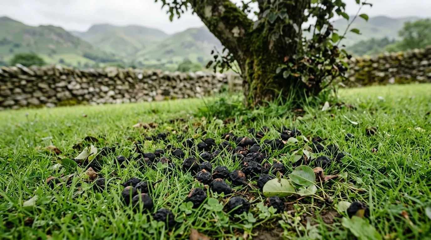 Blackened pear fruitlets fallen on grass beneath a tree in a Lake District garden, sign of pear midge