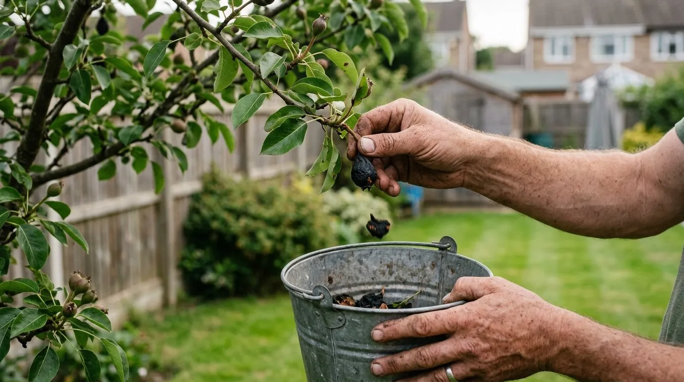 Gardener's hand removing a damaged pear fruitlet into a bucket beside a suburban garden pear tree