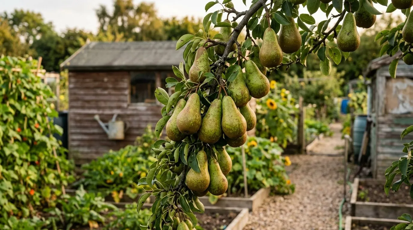 Healthy ripening pear crop on a well-spaced tree in an allotment plot, clean undamaged fruit