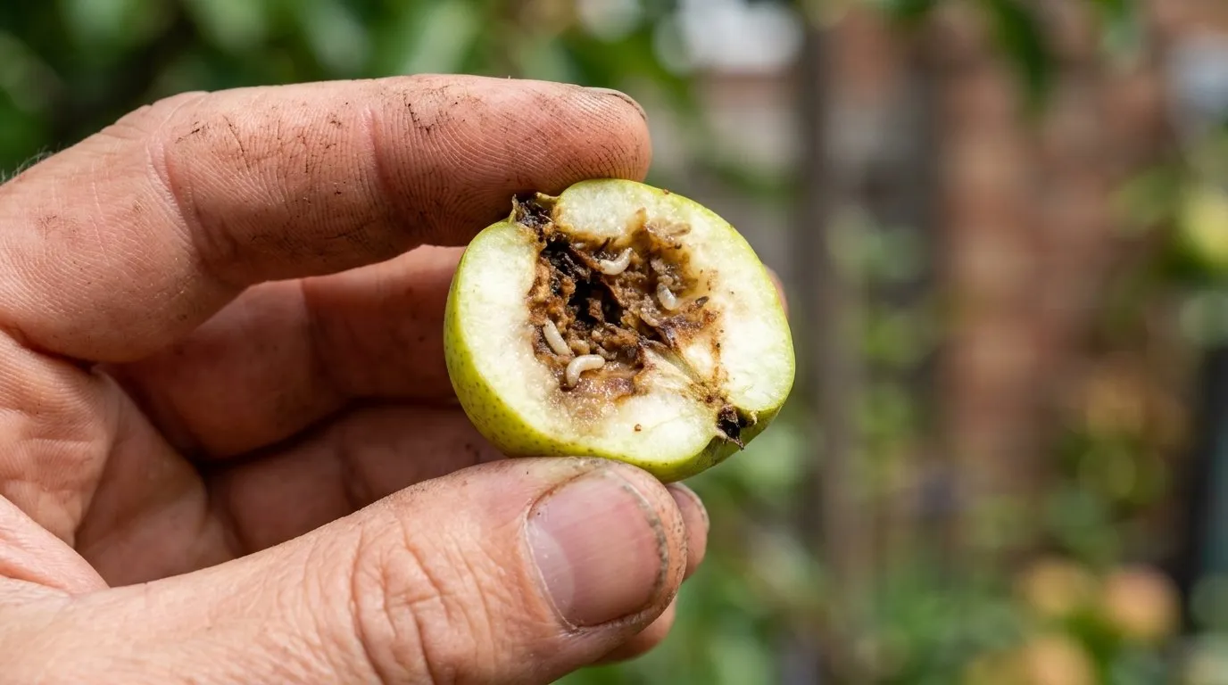 Hand holding a cut-open pear fruitlet showing tiny white larvae inside, garden diagnostic shot
