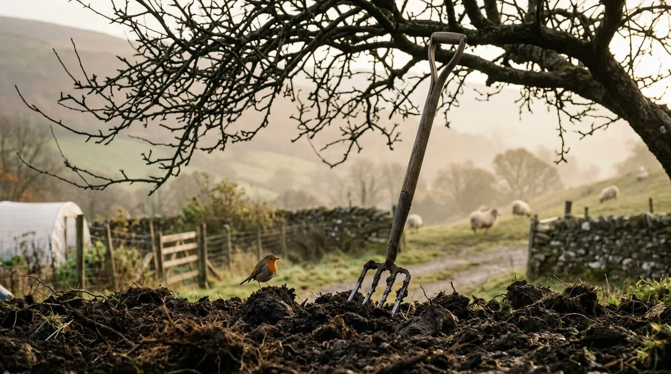 Autumn soil cultivation with a fork under a bare pear tree on a Welsh smallholding, exposing soil to frost