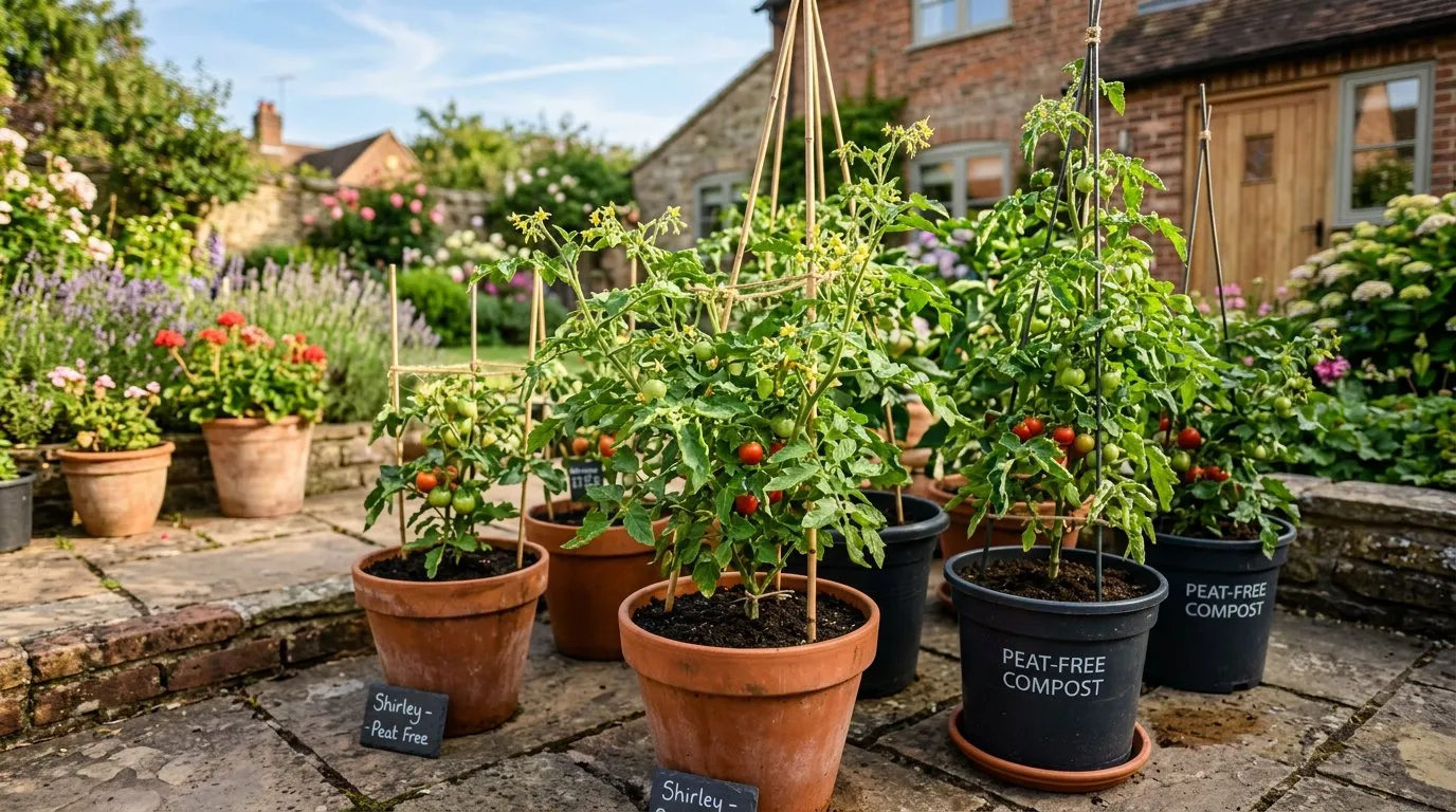 Tomato plants growing in containers with dark peat-free compost on a UK patio