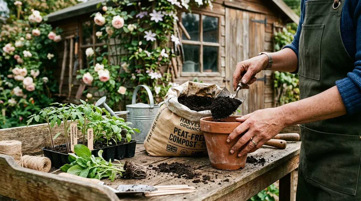 Gardener filling a terracotta pot with dark peat-free compost on a potting bench with seedlings