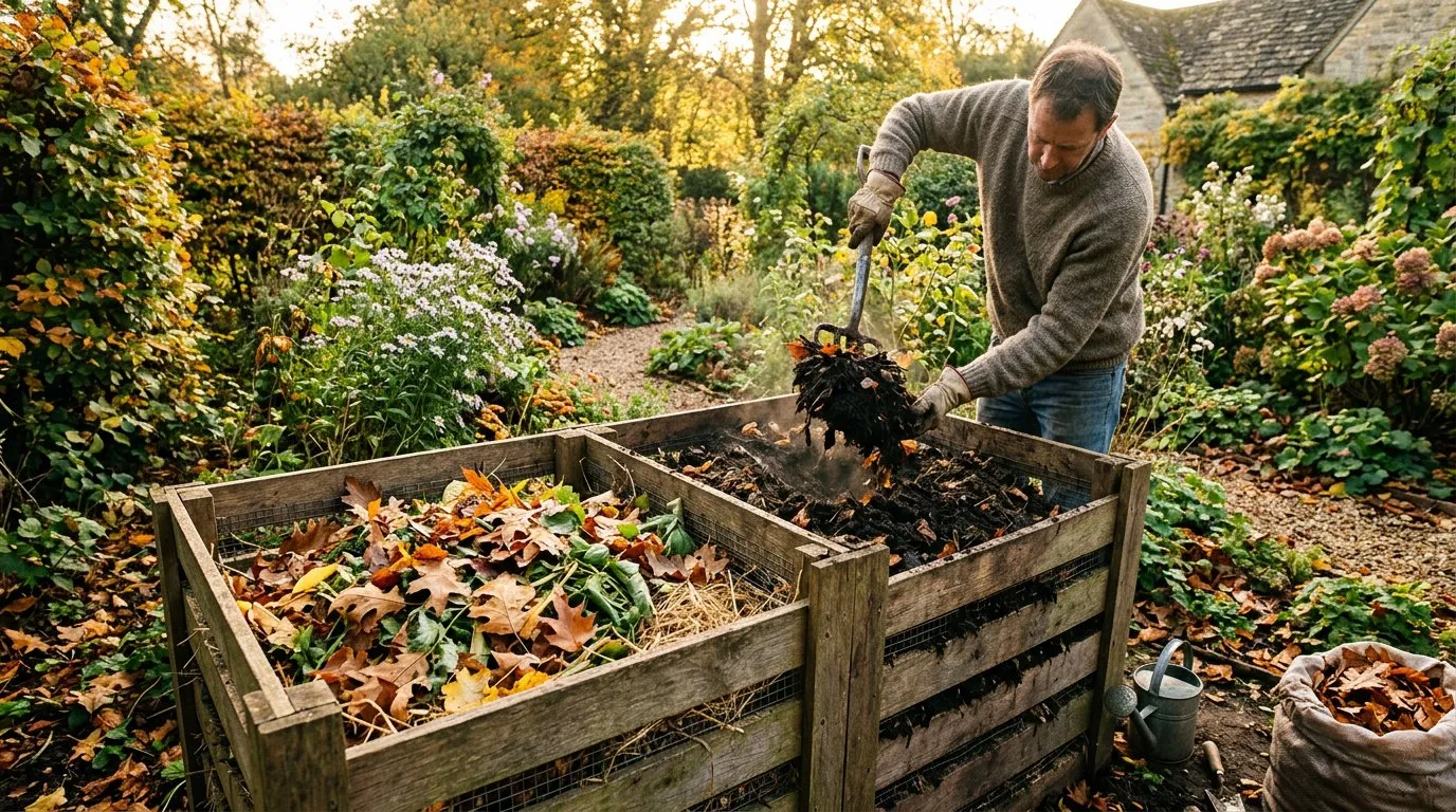 Home composting setup with wooden bins and rich dark compost being turned with a garden fork