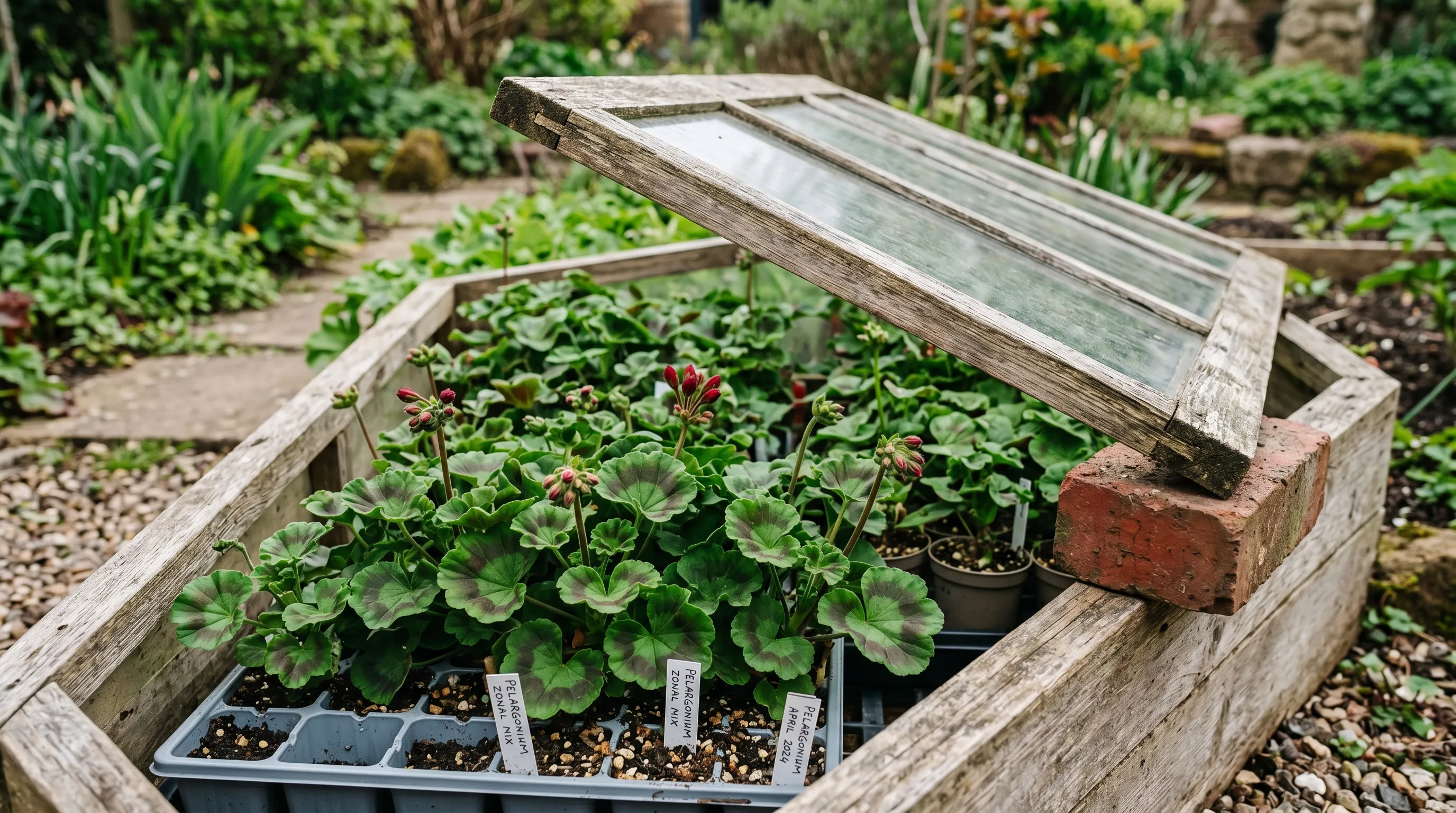 Half-hardy pelargonium plants in a UK cold frame with the lid propped open for hardening off in late April
