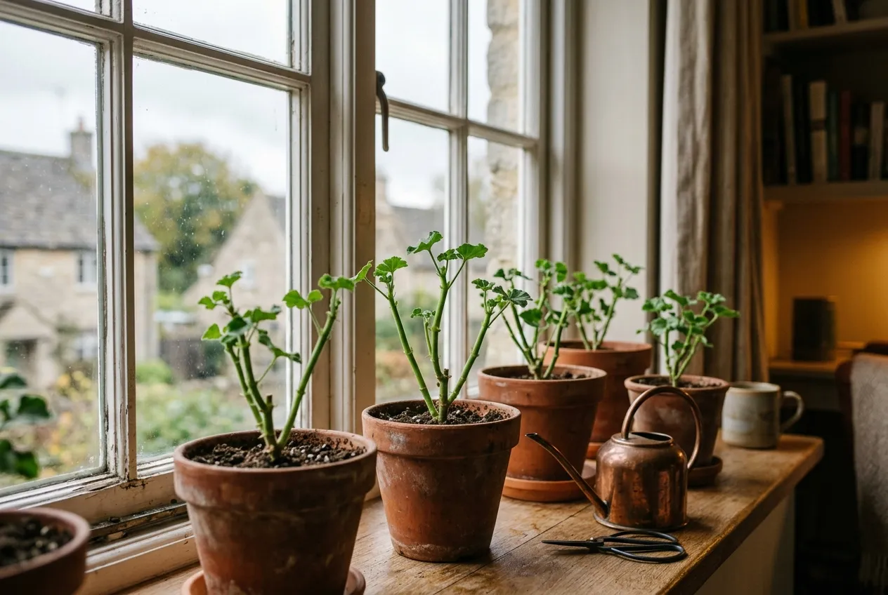 Pelargoniums overwintering on a bright UK windowsill with pruned stems and terracotta pots