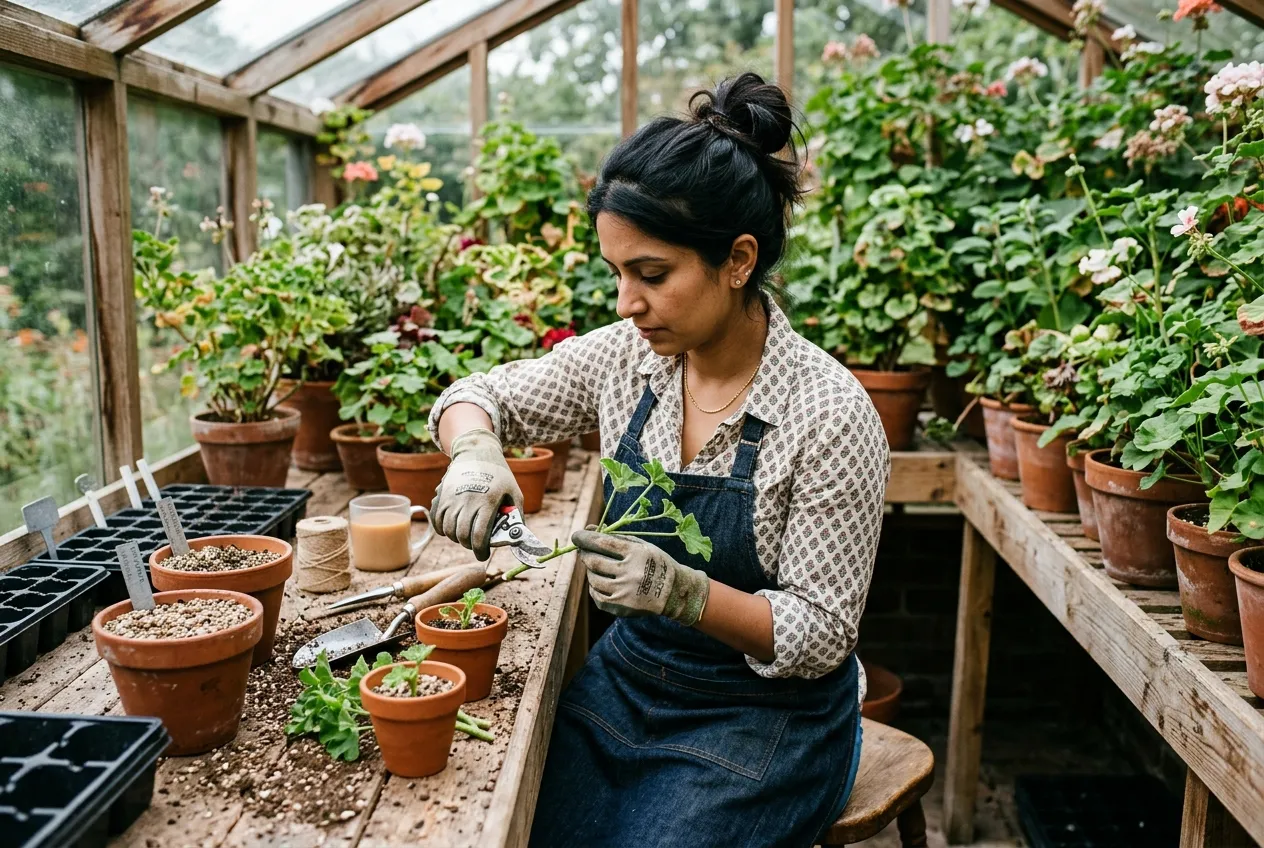 Taking pelargonium stem cuttings at a potting bench in a UK greenhouse with small pots of gritty compost