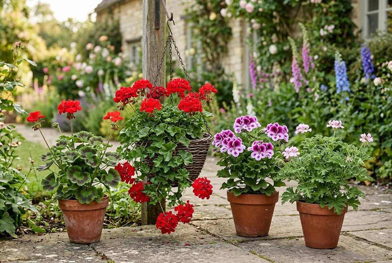 Pelargonium types growing side by side in a UK cottage garden showing zonal, ivy-leaved, regal, and scented varieties