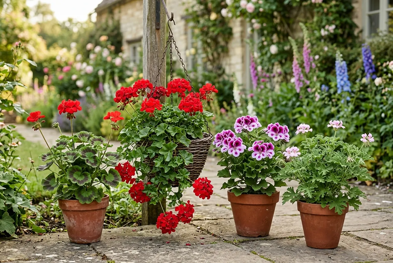 Pelargonium types growing side by side in a UK cottage garden showing zonal, ivy-leaved, regal, and scented varieties