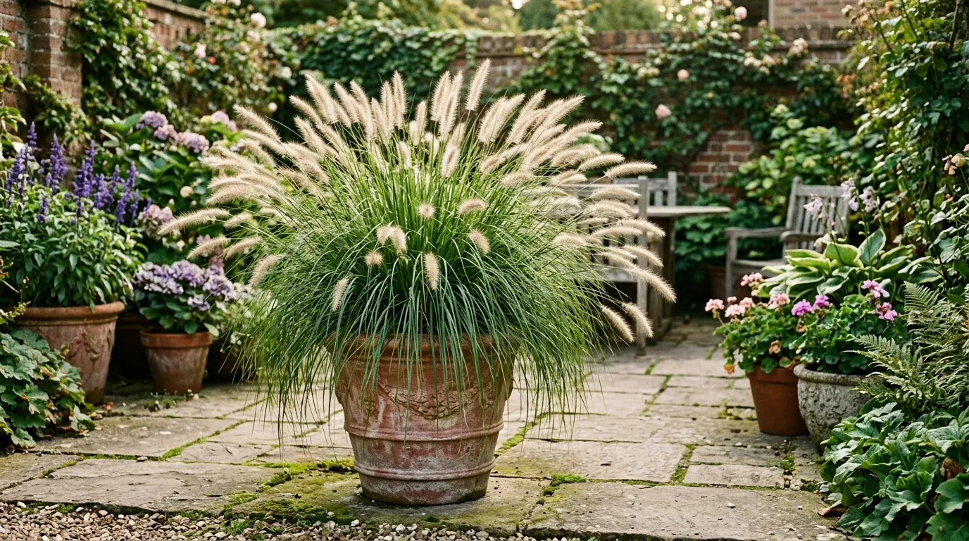 Pennisetum fountain grass growing in a terracotta container on a sunny patio
