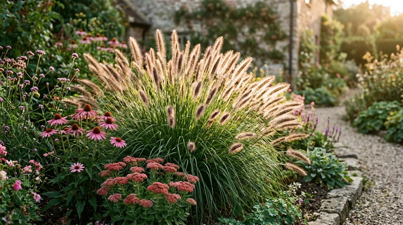 Pennisetum fountain grass with feathery bottle-brush plumes catching late summer light in a UK garden border