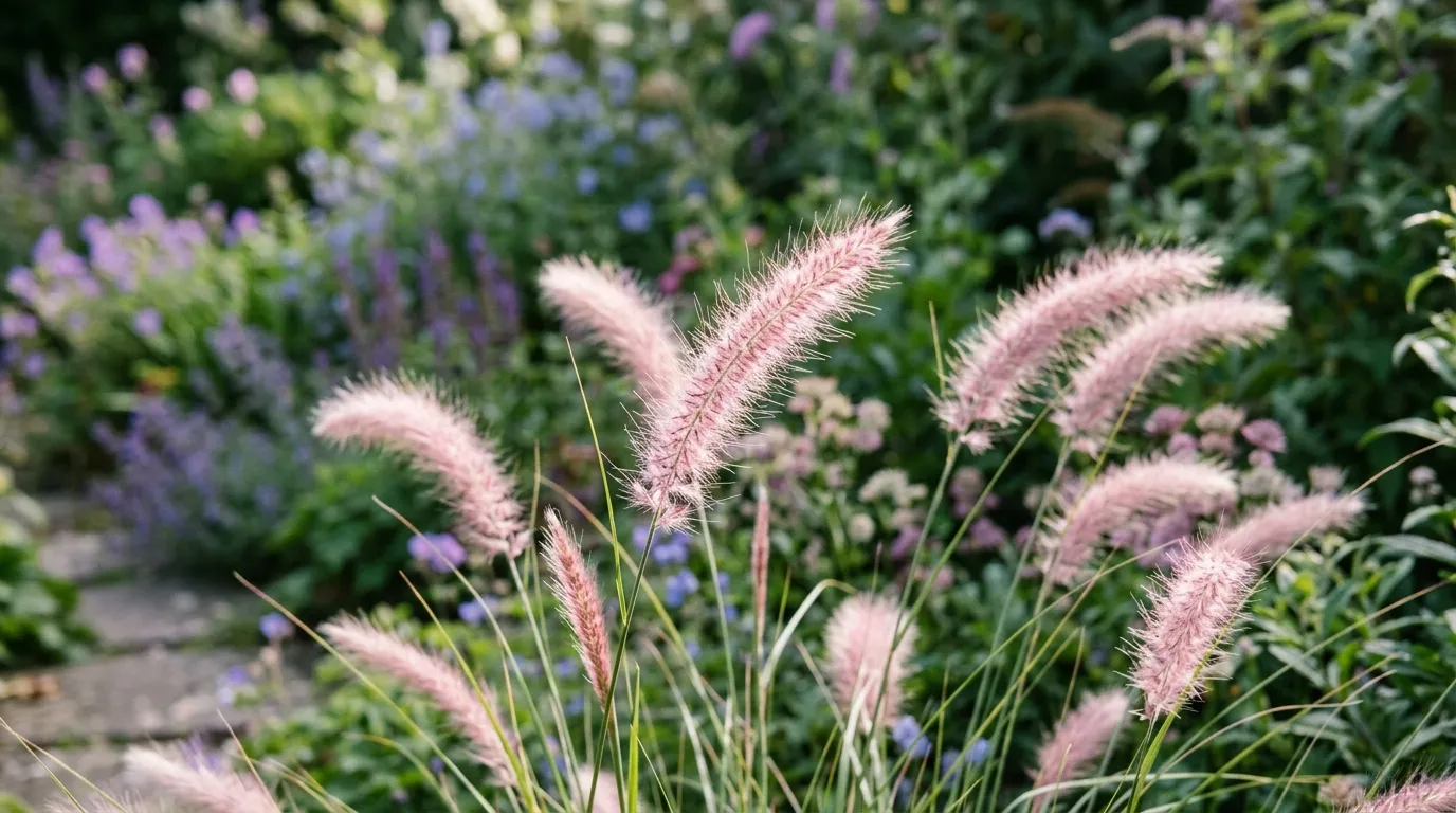 Pennisetum orientale with soft pink flower spikes in a sunny garden