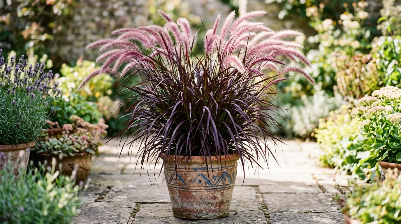 Pennisetum setaceum Rubrum with deep purple foliage and pink flower spikes