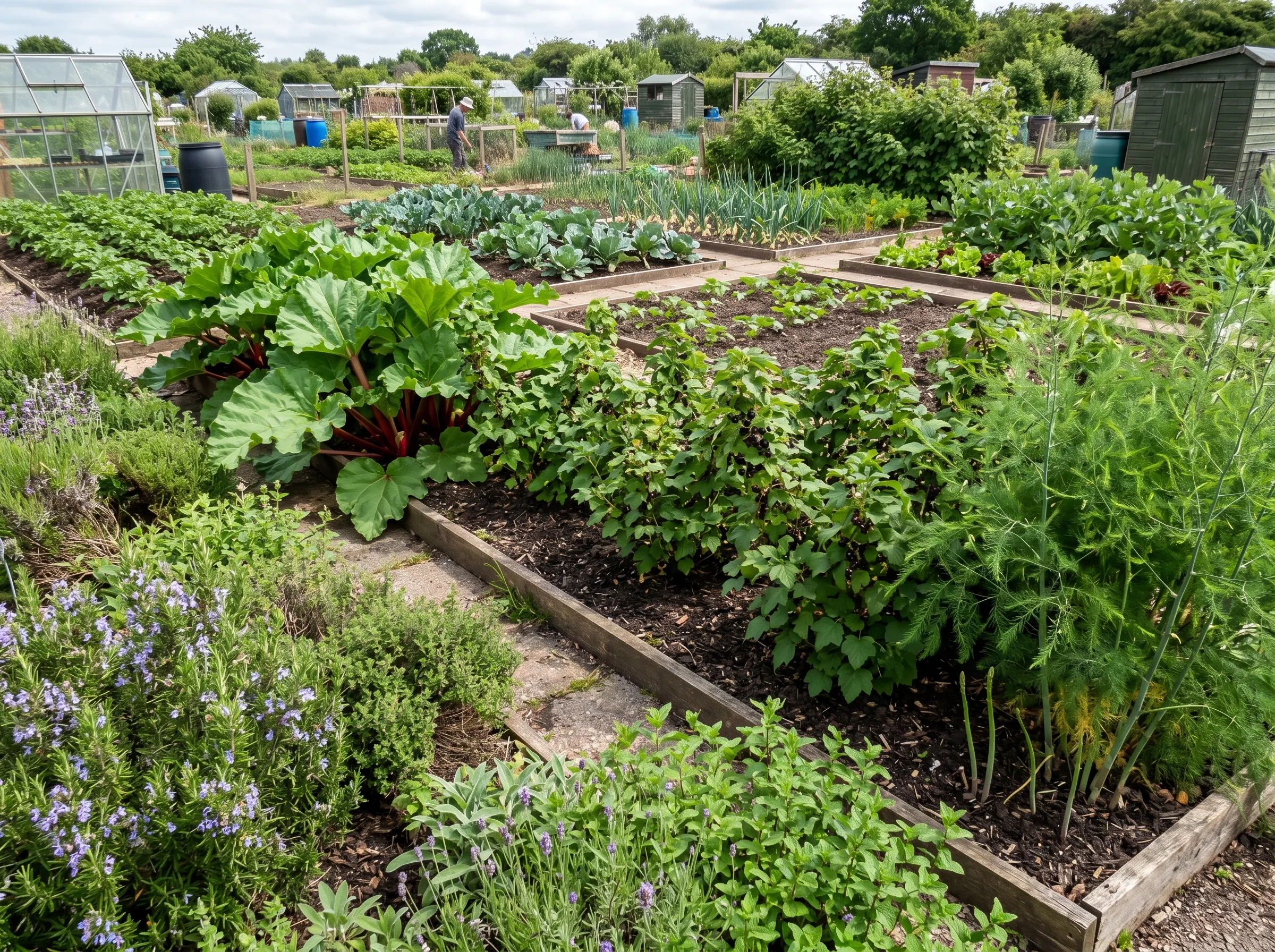 UK allotment fifth bed shown with mature rhubarb crowns at one end, asparagus ferning at the other, blackcurrant bushes in the middle, mature perennial herbs spilling over the edges, clearly distinct from the four rotating vegetable beds visible in the background