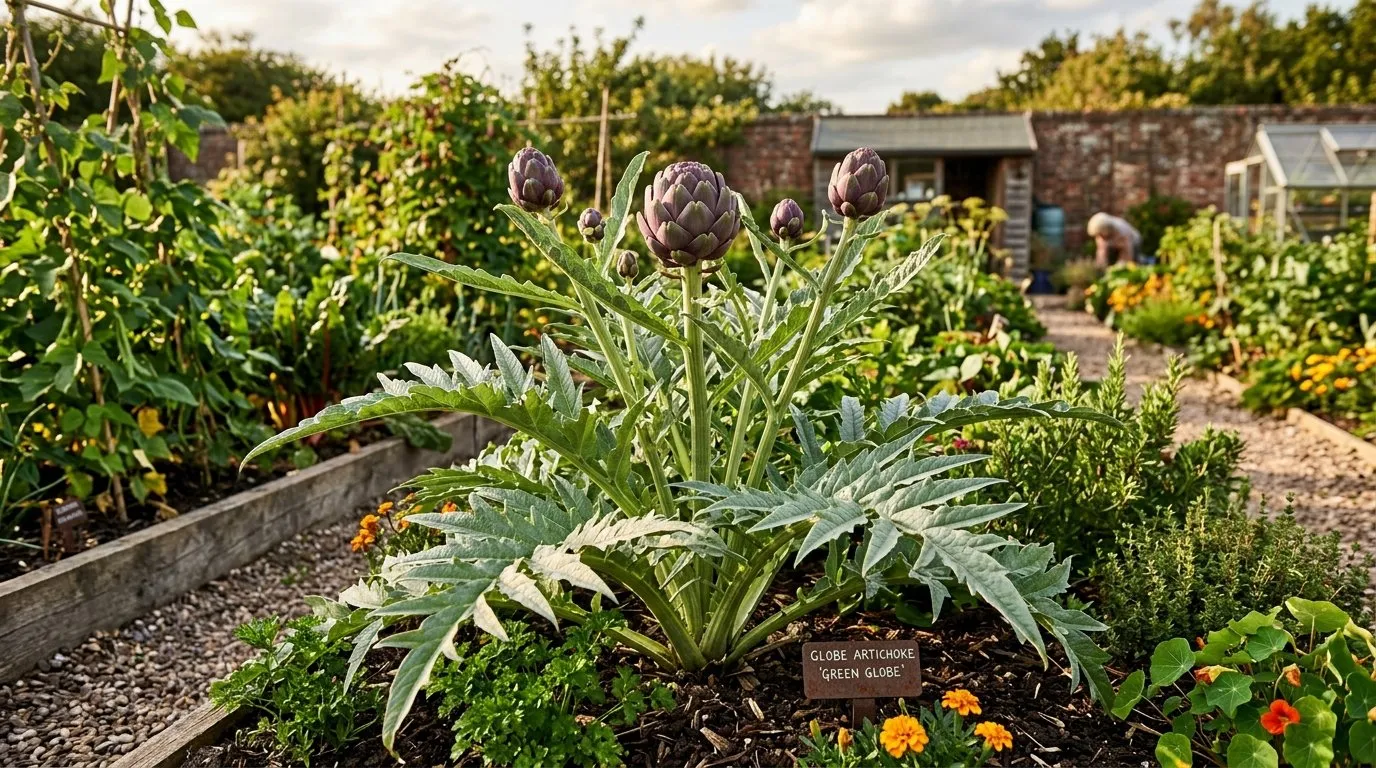 Globe artichoke plant with silvery architectural leaves and purple flower buds in a UK kitchen garden