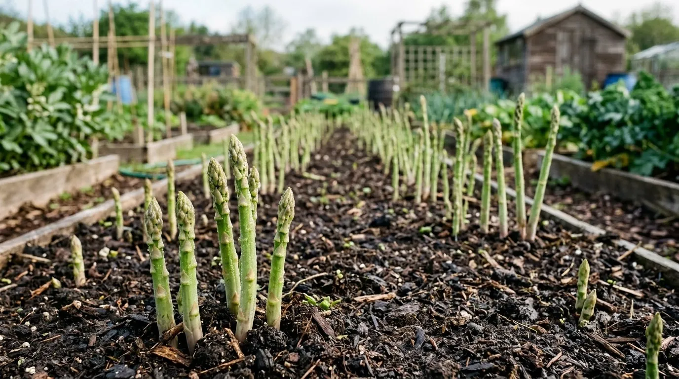 Fresh asparagus spears emerging from soil in spring on a UK allotment