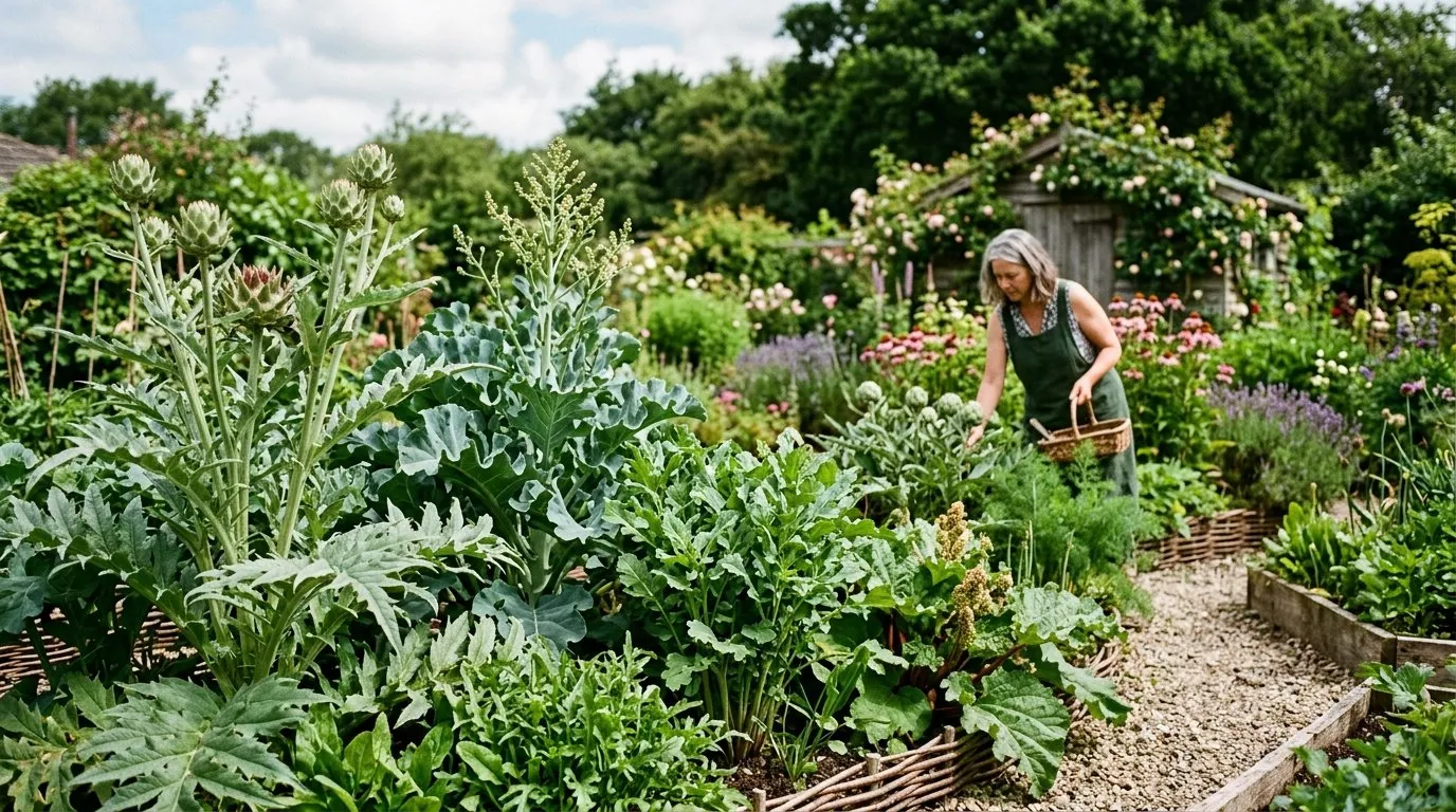 UK garden scene showing perennial vegetables in seasonal context