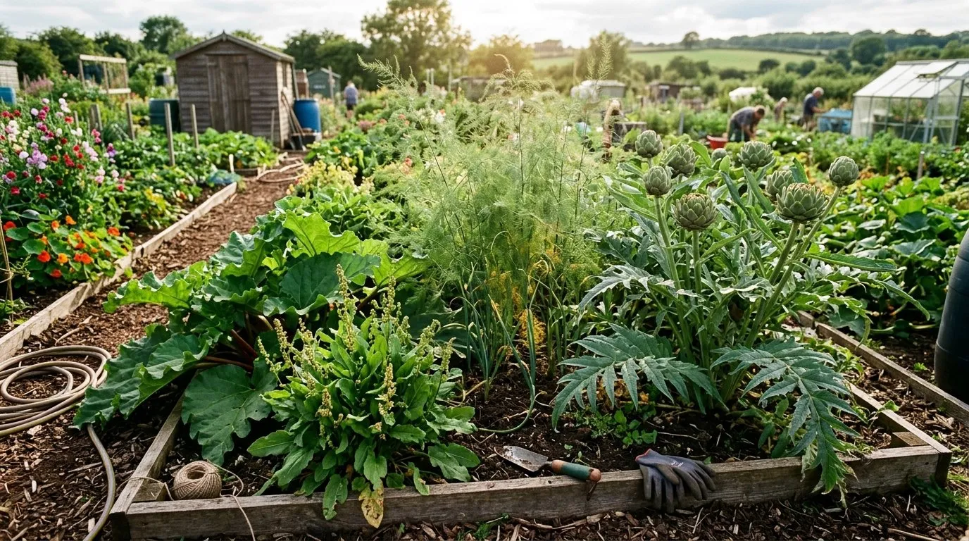 Perennial vegetable bed in a UK allotment with asparagus ferns, globe artichokes, rhubarb and sorrel