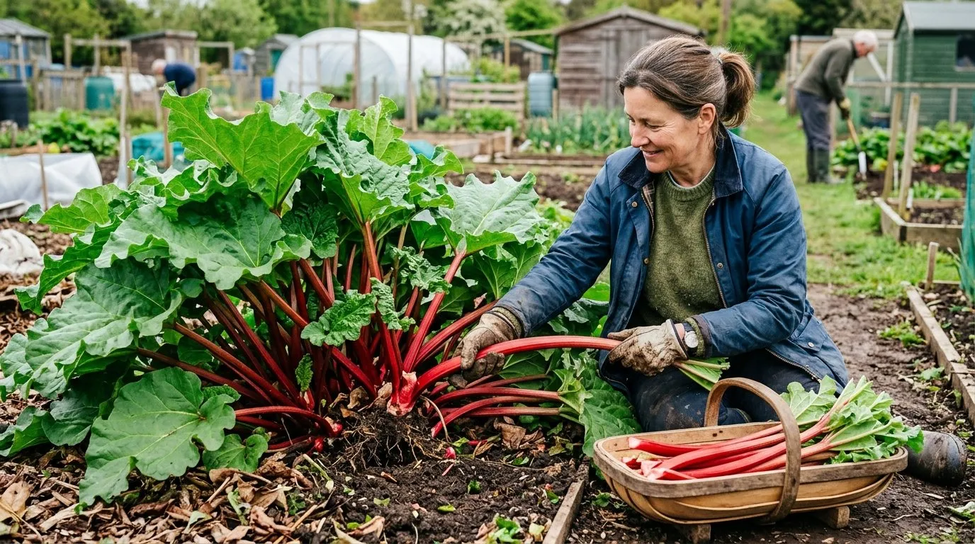 Vibrant red rhubarb stalks being harvested from a rhubarb crown in a UK allotment