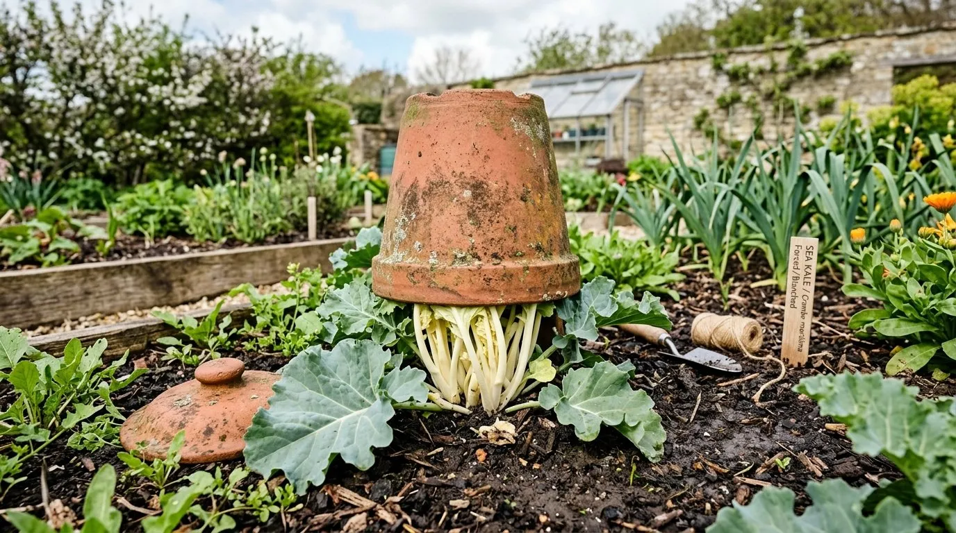 Sea kale with forced blanched shoots under a terracotta forcer in a UK vegetable garden