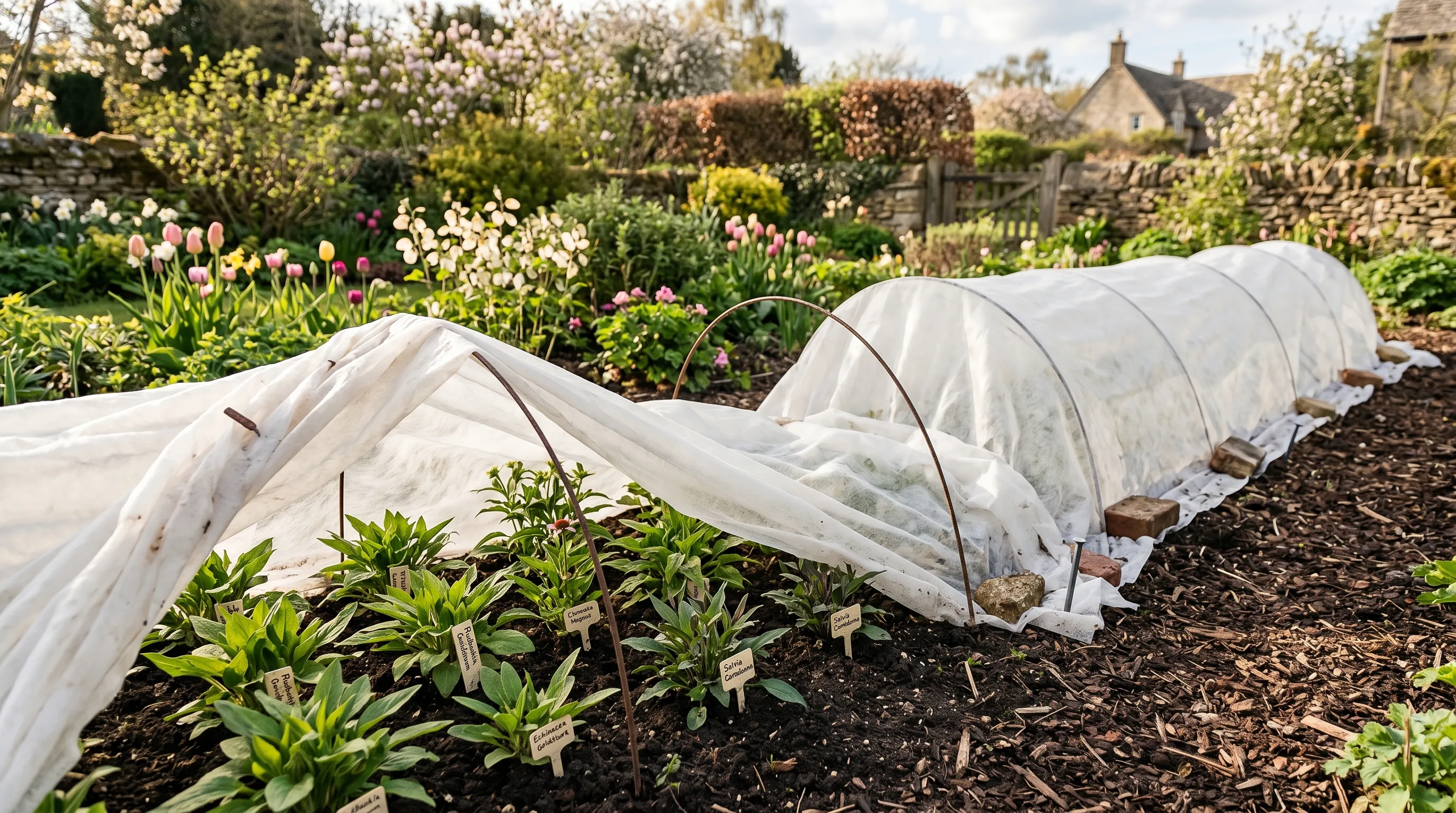 UK garden border with newly planted perennials covered by horticultural fleece on hoops with some plants partially exposed for staged hardening off
