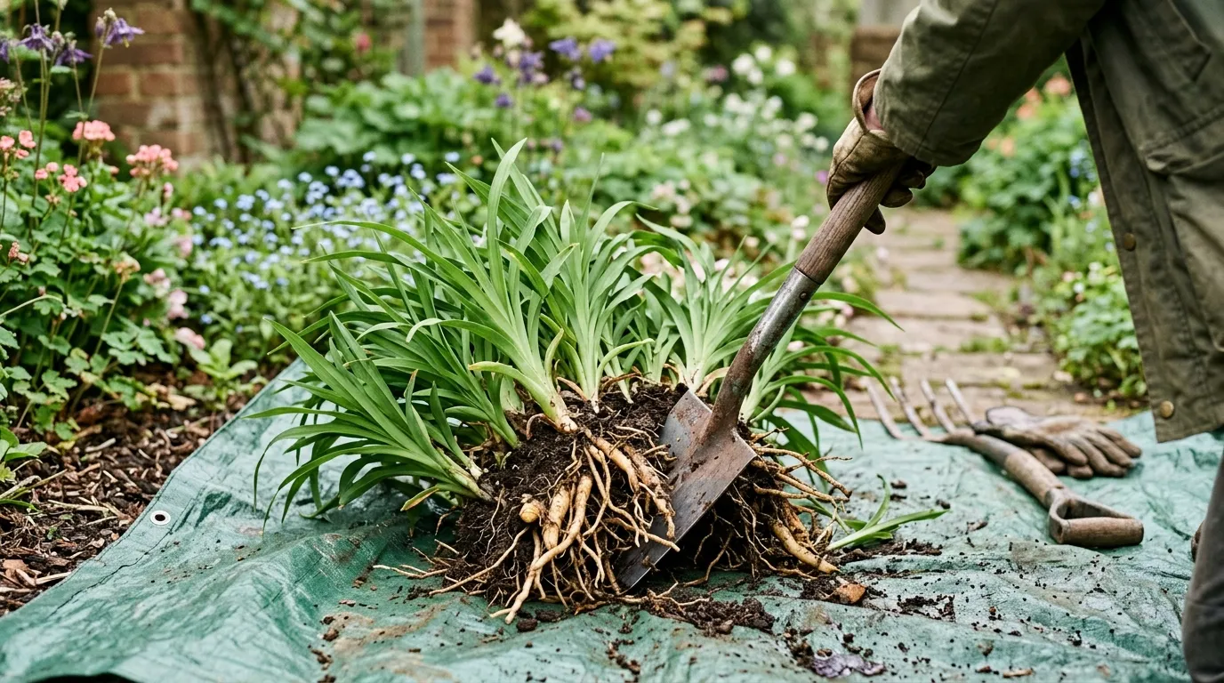 Mature daylily Hemerocallis clump being sliced through with a sharp spade on a green tarpaulin in a UK cottage garden in early May