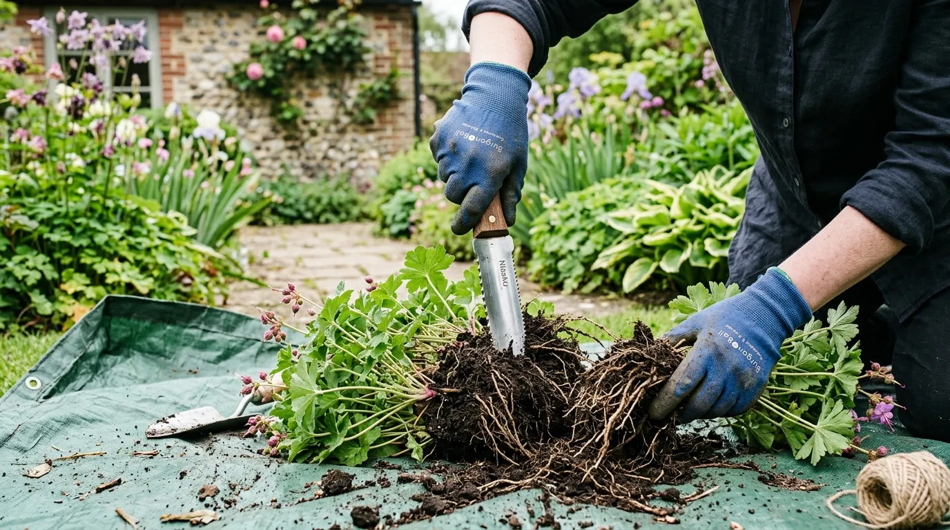 Hardy geranium clump being cut with a hori-hori knife on a tarpaulin in a Norfolk garden in mid-May