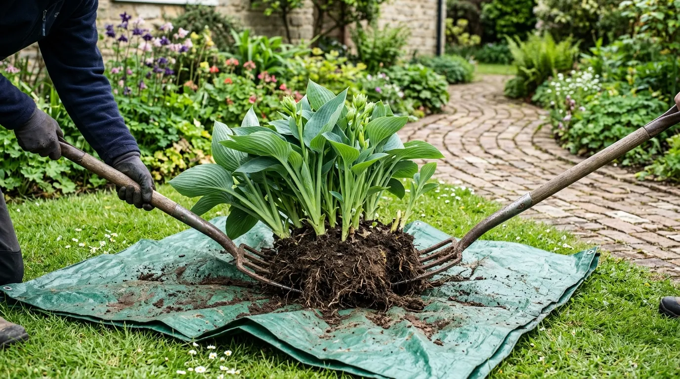 Hosta clump being divided with two border forks back to back on a UK lawn in May with fresh new shoots visible
