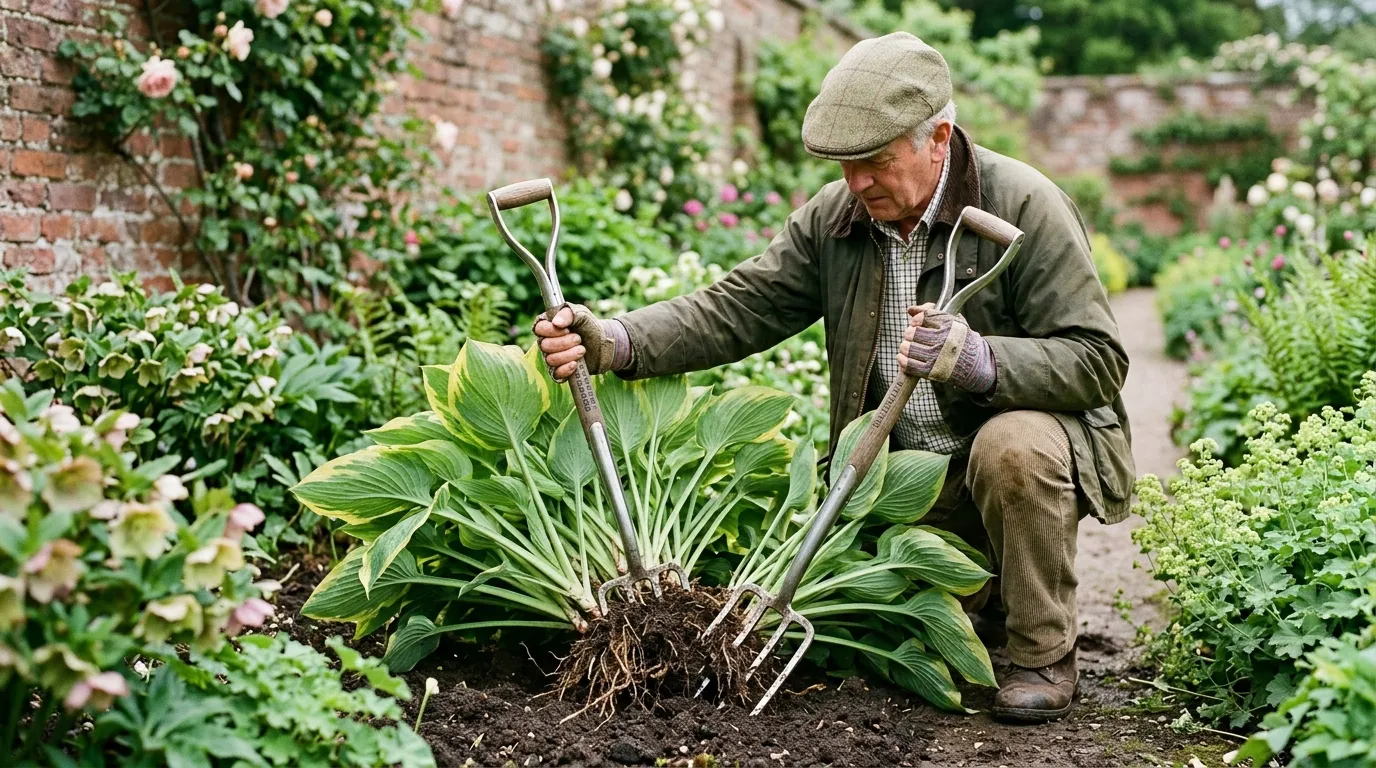 Two border forks back to back splitting a large hosta clump on a tarpaulin in mid-May