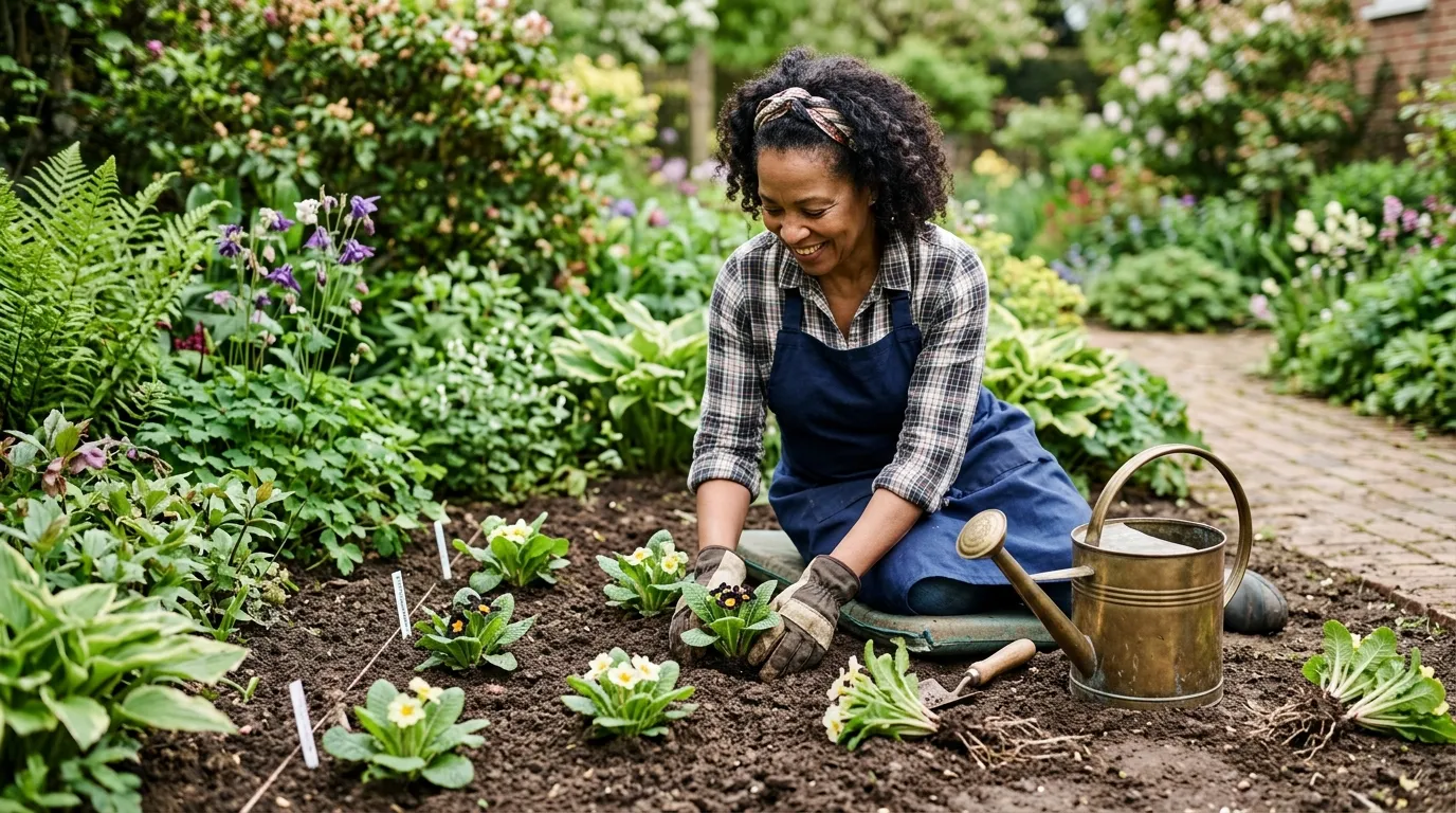 Newly divided primula rosettes being replanted 250mm apart in a Surrey border, with watering can ready in May