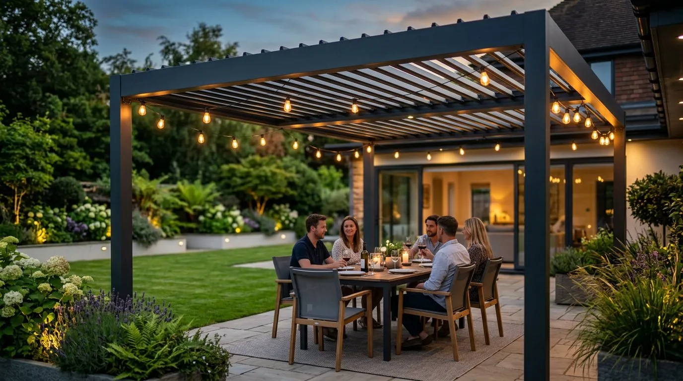 Pergola with adjustable louvred roof above a modern patio