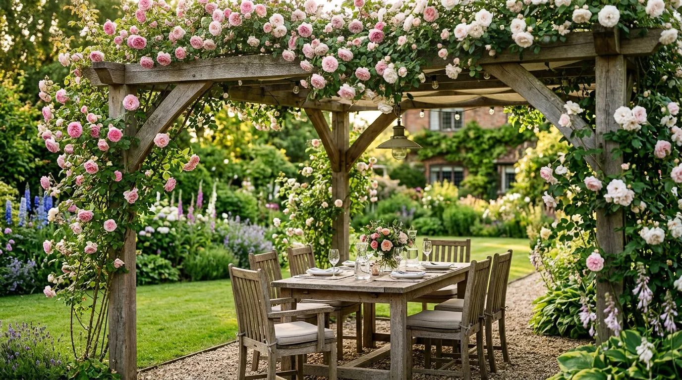 Oak pergola with climbing roses above a garden seating area