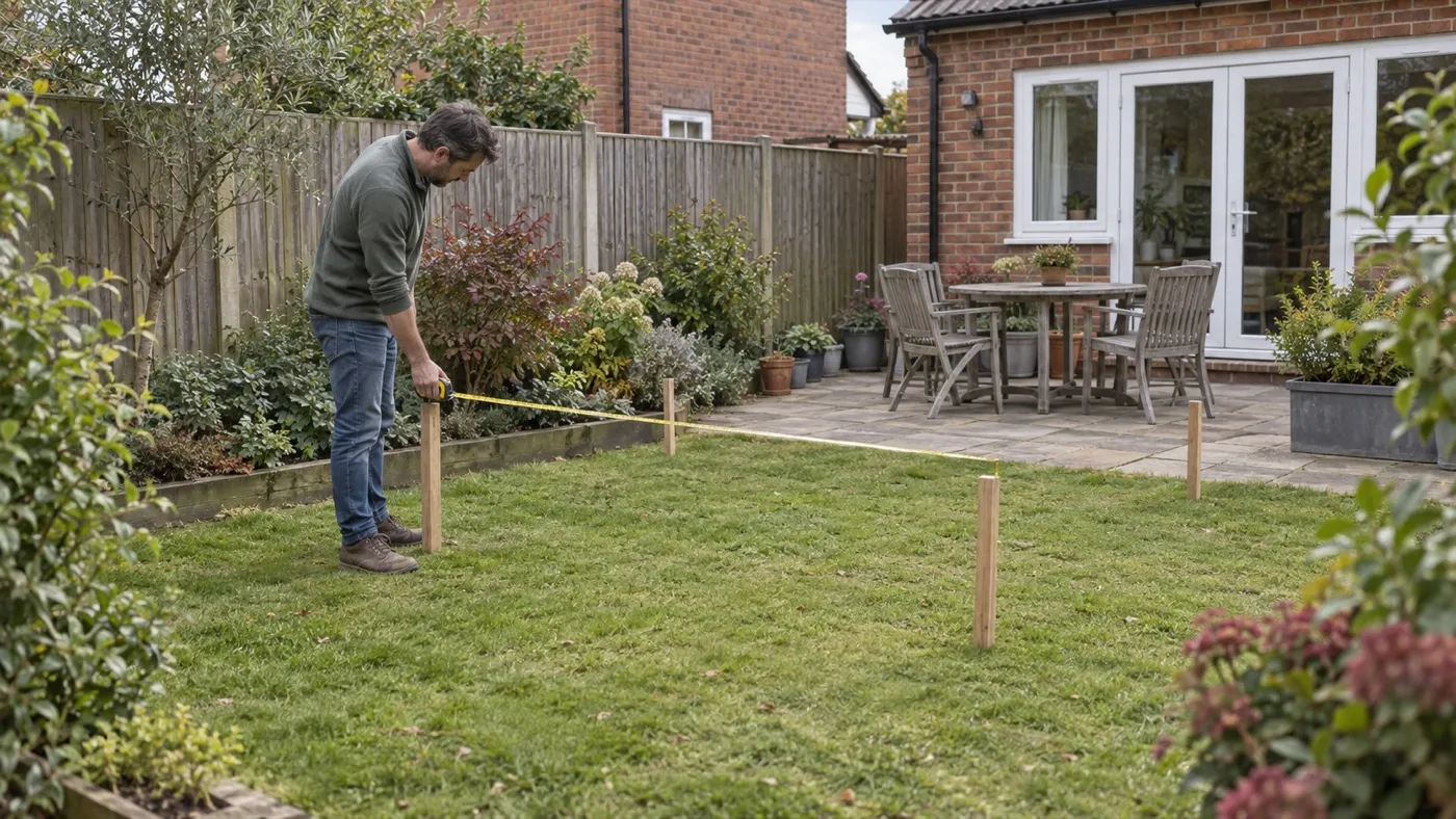 Homeowner measuring a marked pergola footprint in a small UK garden