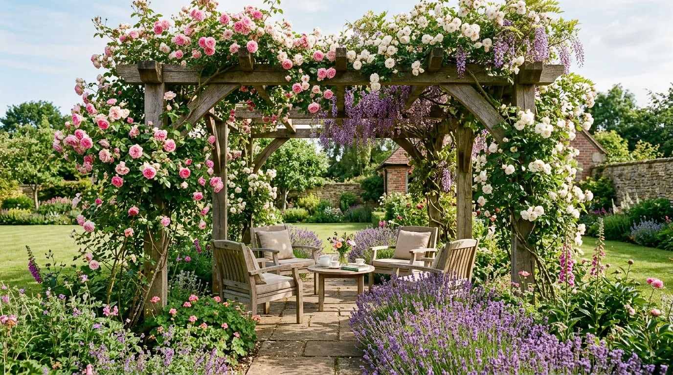 Wooden pergola with climbing roses and wisteria over a seating area in a UK garden