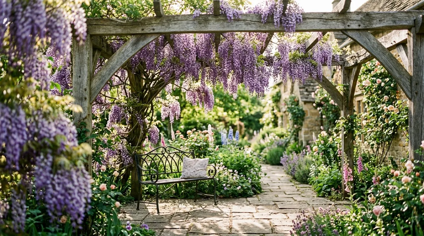 Wisteria flowering across a strong pergola frame
