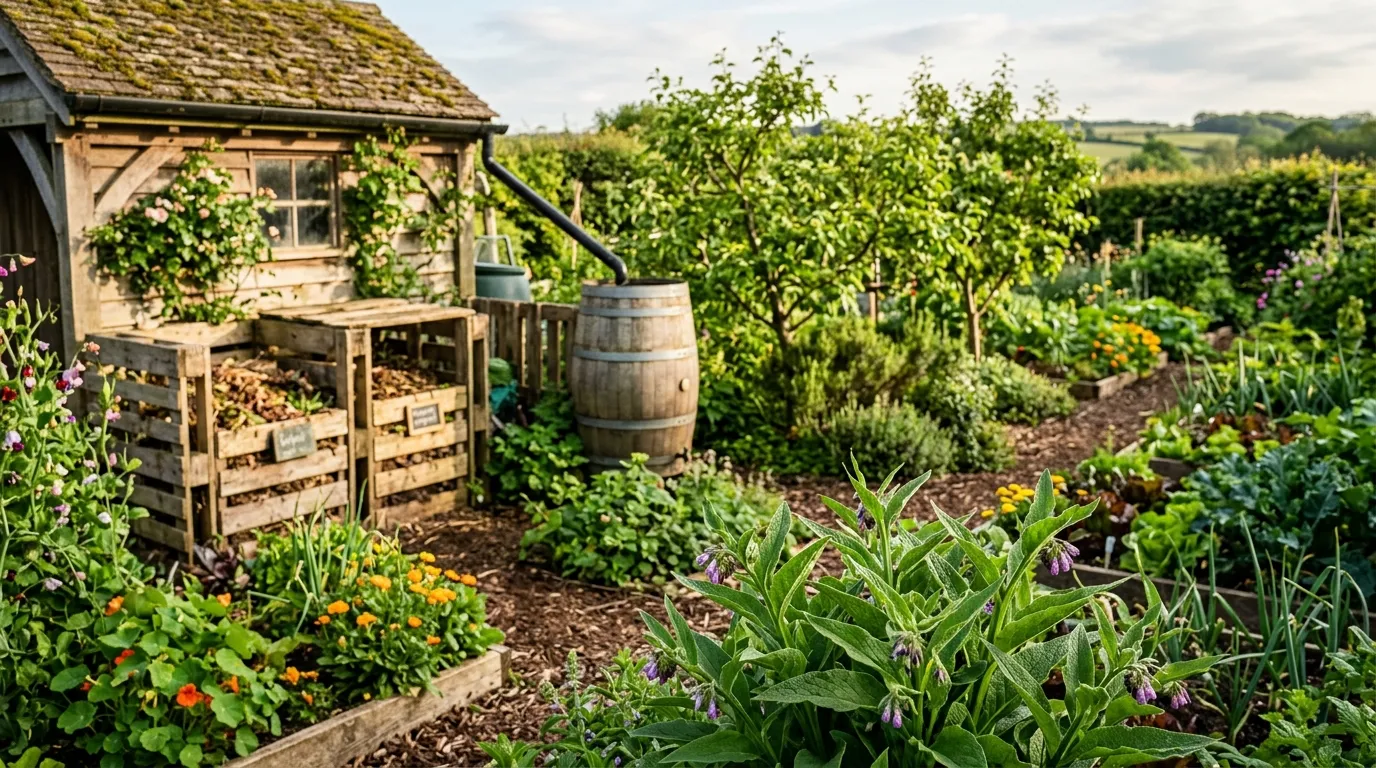 Mature UK permaculture garden with polyculture beds, fruit trees, and compost bays in late spring