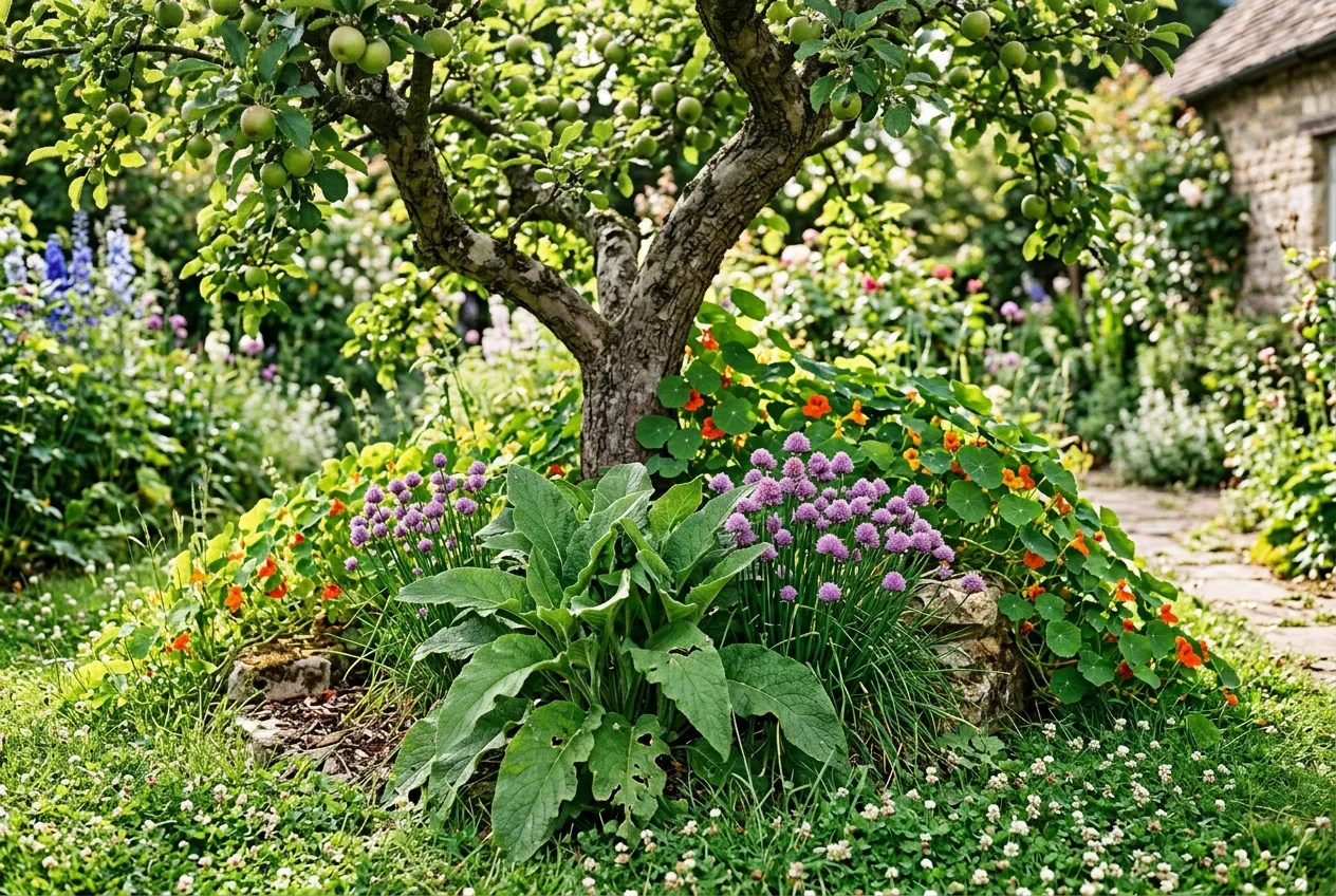 Fruit tree guild with apple tree, comfrey, chives, and nasturtiums in a UK permaculture garden
