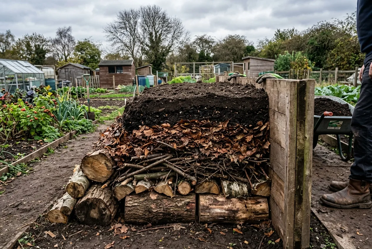 Cross-section of a hugelkultur raised bed showing layers of logs, branches, and organic matter